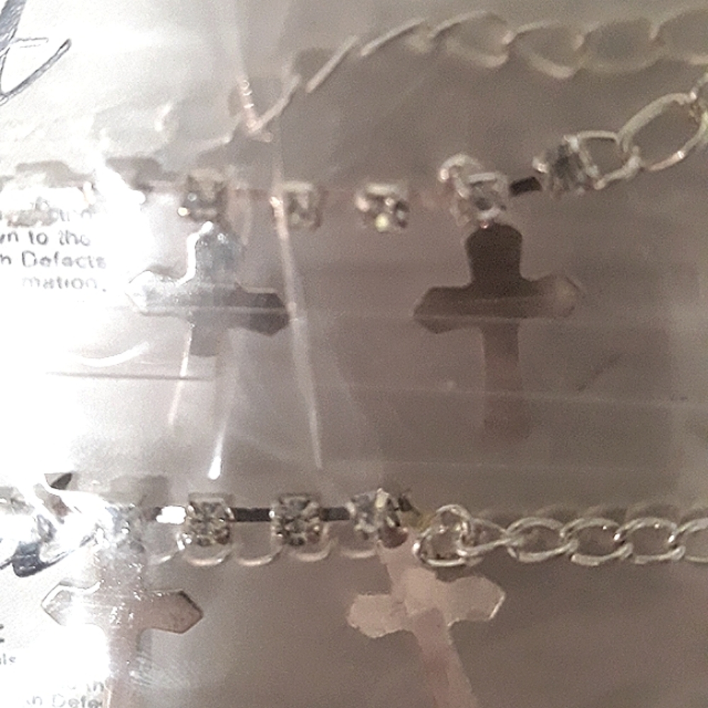 Rhinestone Cross Anklet NEW Embellished Double Layered Silver pl Anklet Set NEW